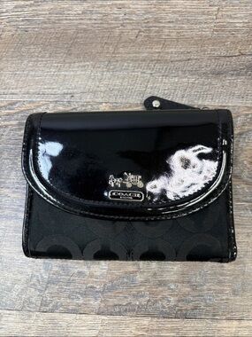 Coach Black Signature Jacquard & Patent Leather Compact Wallet